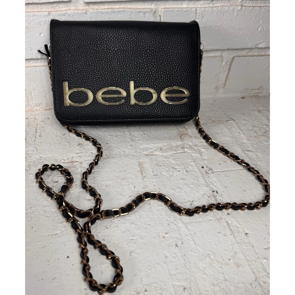 Bebe Pebbled Faux Leather Small Black Crossbody,‎ Gold Chain Logo Purse